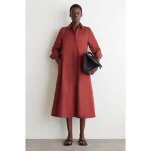 COS Voluminous Maxi Shirt Dress Red Pima Cotton Hidden Button Midi 4